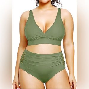 Yonique Dark Sage Green Plus Size High Waist Bikini, Size 18W